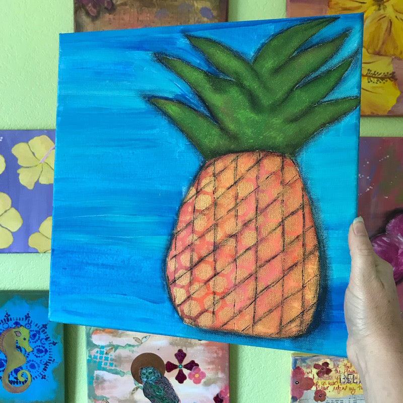 Glowing Gold and Orange Pineapple Art 12x12 Original painting on