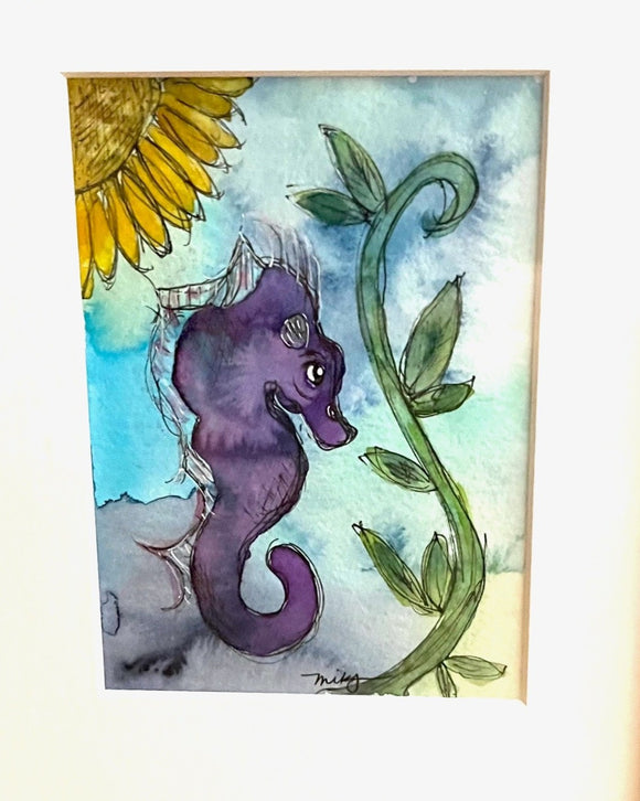 Seahorse Sunflower, 8x10 Framed Original Watercolor
