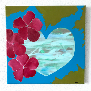 Calming blue and green heart surrounded by luscious hibiscus, "Oceans of Love" 12x12 original acrylic painting - Mika Harmony