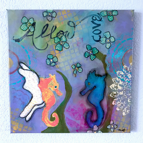 Pair of Seahorse in blues, periwinkle, splashes of yellow and orange, 