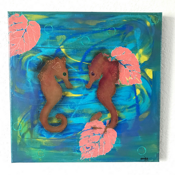 Pair of Seahorse in the deep blue sea, surrounded by peach colored tropical leaves, 